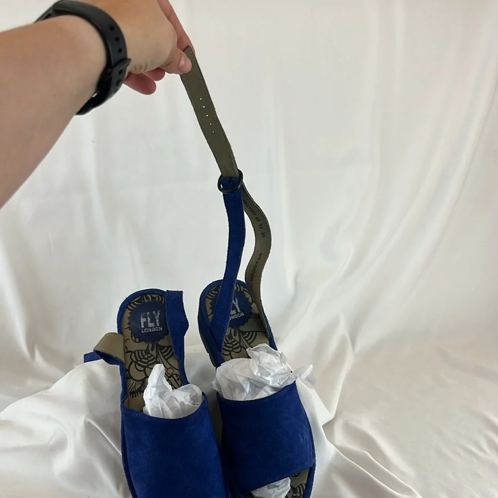 Fly London Royal Blue Suede Sandals w/ Long-Length Strap - Picture 3 of 8